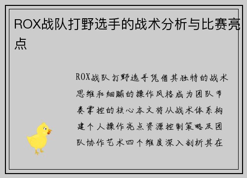 ROX战队打野选手的战术分析与比赛亮点